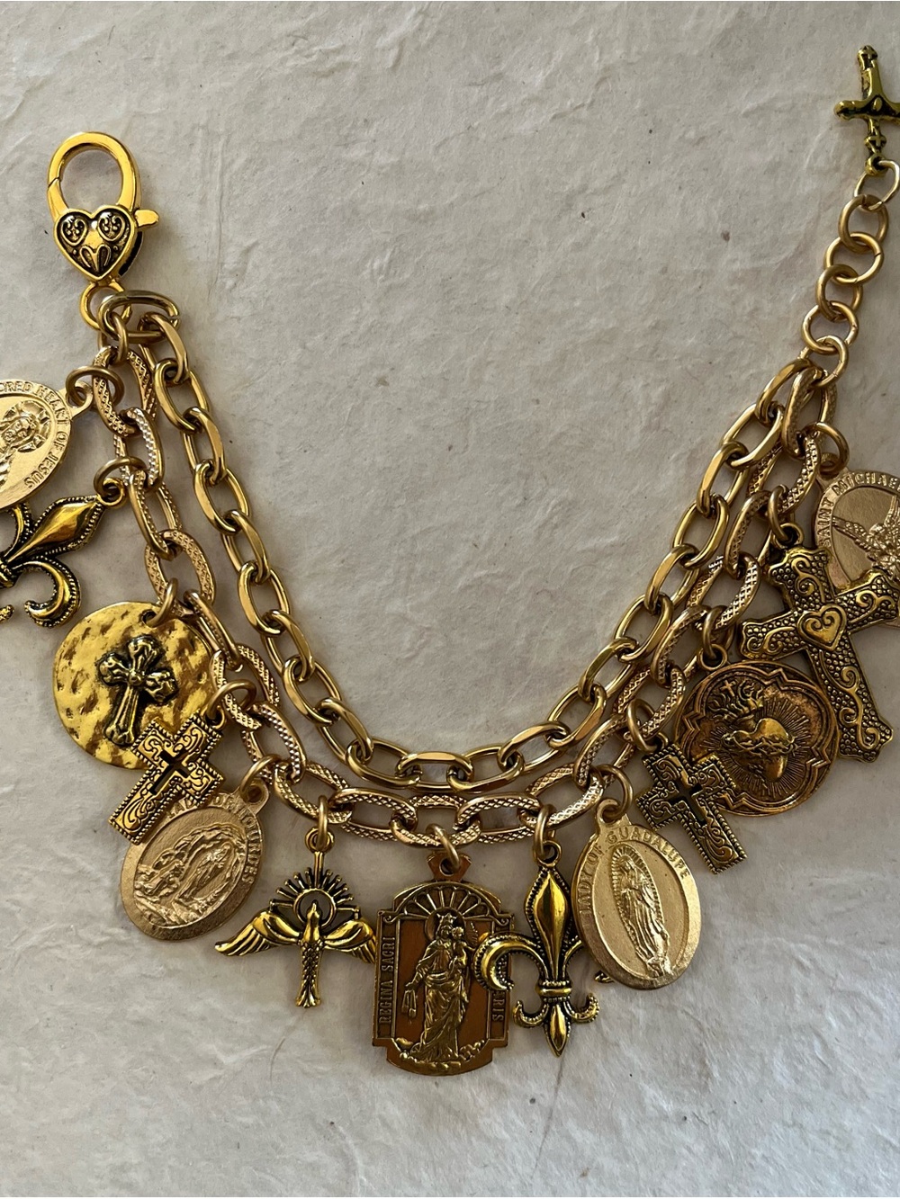 Catholic Saints and Crosses Charm Bracelet, Gold Tone Medals - Picture 9 of 12